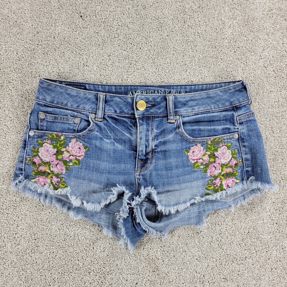 American Eagle Women Cutoff Jean Micro Shorts 4 Blue Denim Floral Embroidery